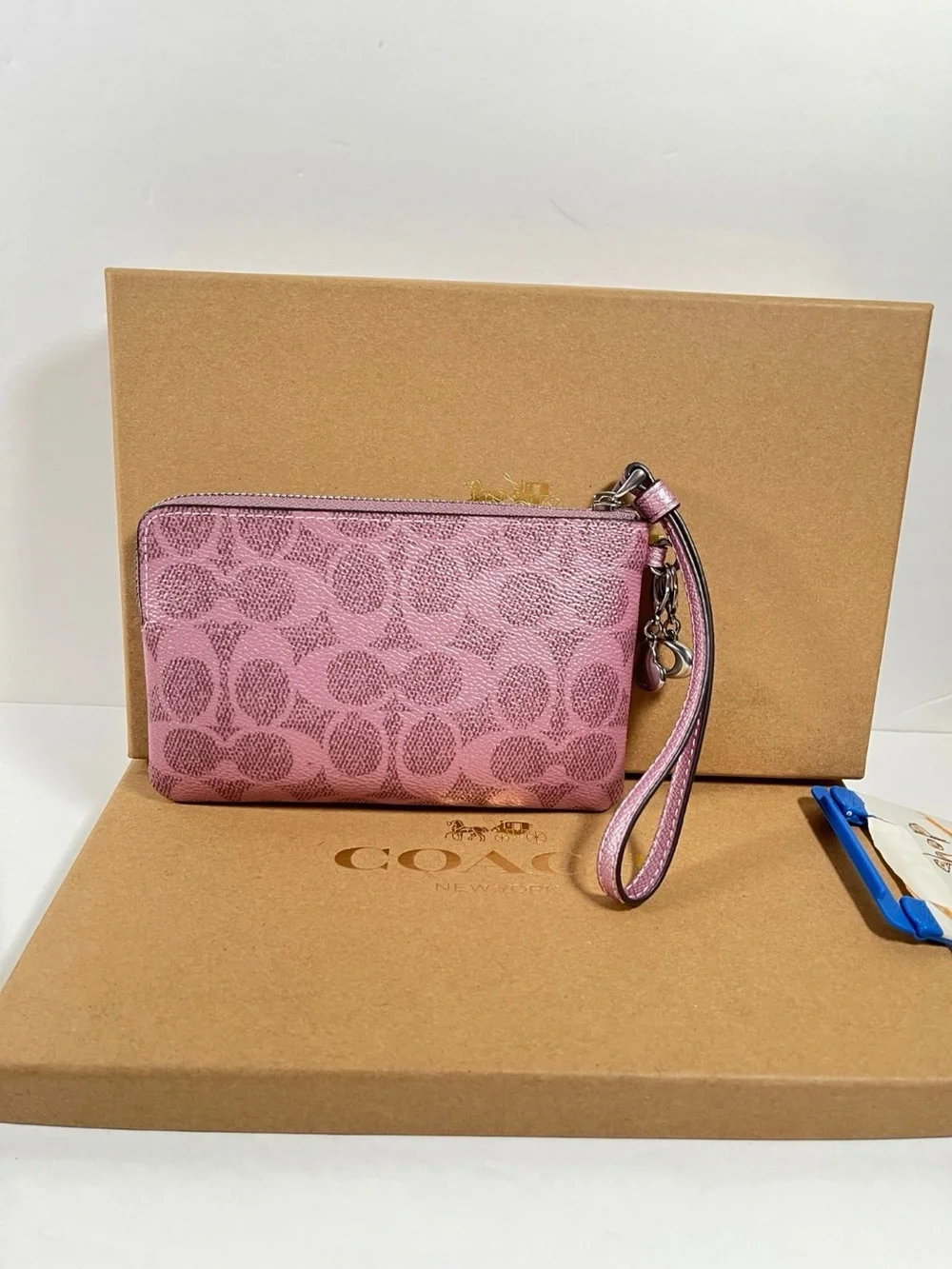 NWT Coach Boxed Corner Zip Wristlet Sig Canvas Pink Rose Silver Hrdware w Charms